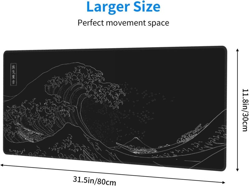 Brecoy Japanese Gaming Mouse Pad Black Mouse Pad Kanagawa Large Mousepad Non-Slip Rubber Base Waterproof with Stitched Edges for Gaming Office Home, 31.5x11.8 Inch (Black Wave) - Image 2
